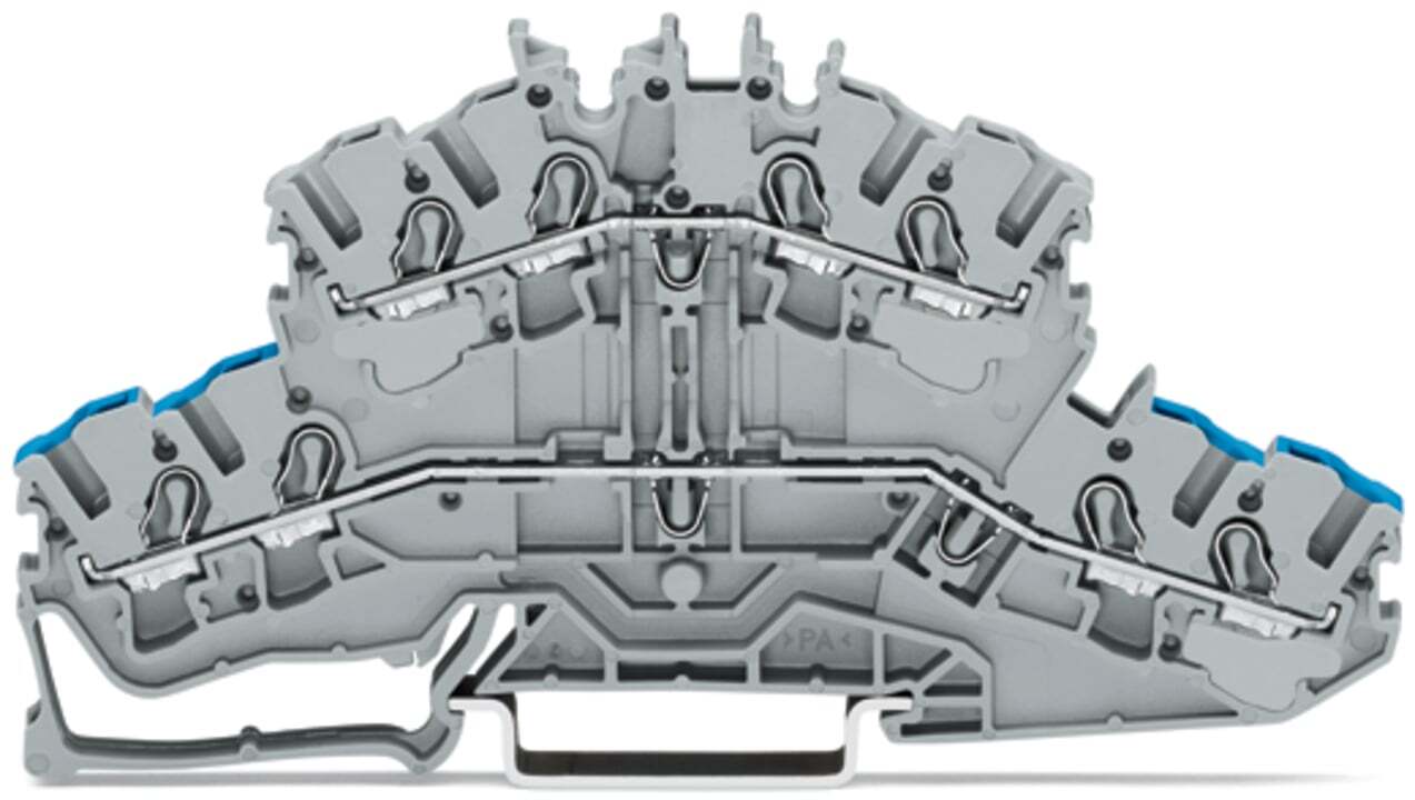 4-conductor double deck terminal block; Through/through terminal block; N/L; without marker carrier; Blue conductor entry lower deck; for DIN-rail 35 x 15 and 35 x 7.5; 2.5 mm; Push-in CAGE CLAMP; 2,50 mm; gray