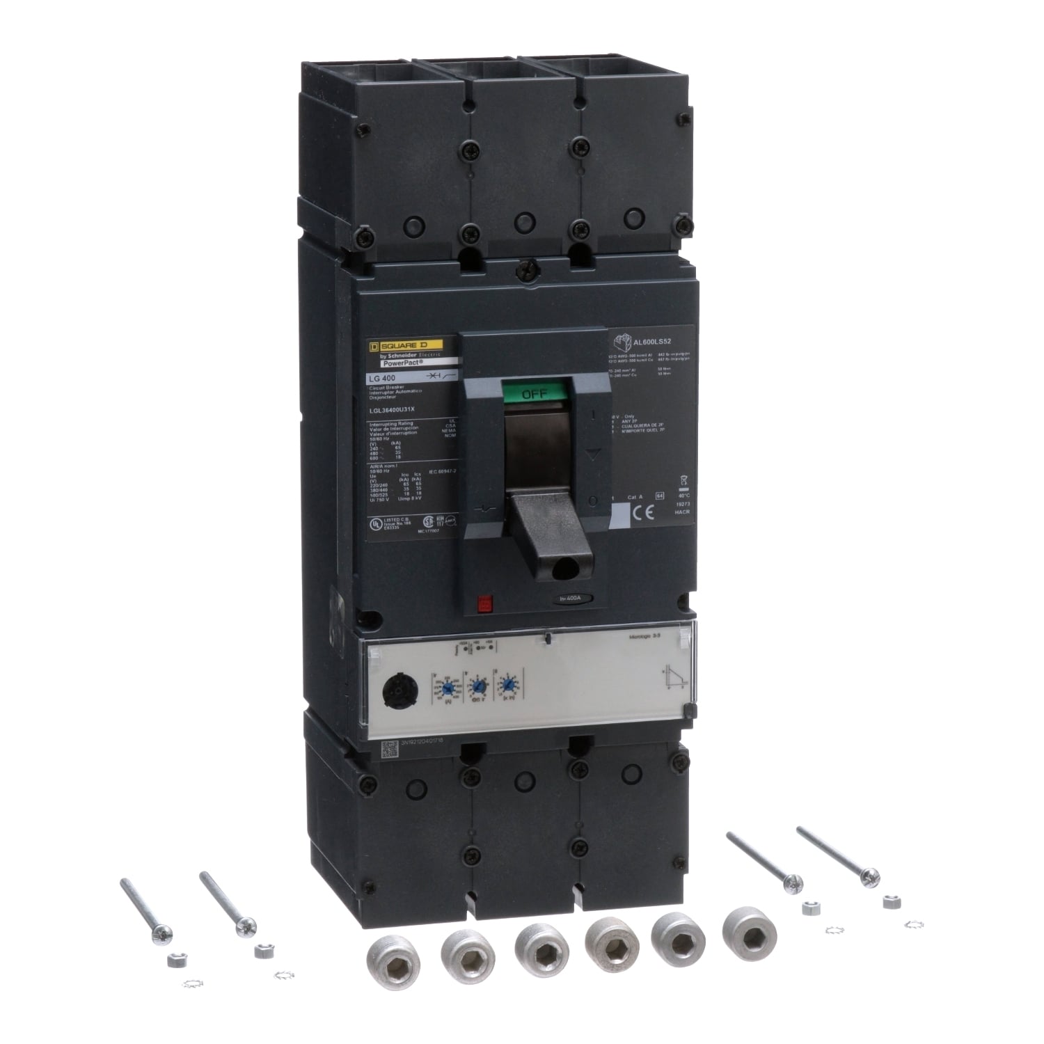 Circuit breaker, PowerPacT L, 400A, 3 pole, 600VAC, 18kA, lugs, MicroLogic 3.3, 80%