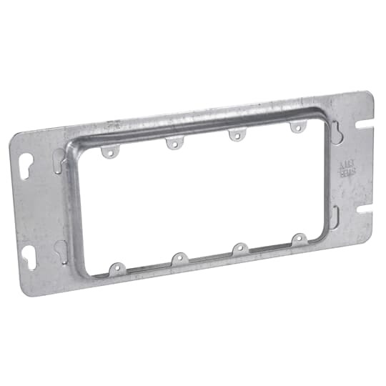 Four Gang Box Cover, 13.5 Cubic Inches, 10-5/8 Inches Long x 4-11/16 Inches Wide x 13/16 Inches Raised for Plaster, Galvanized Steel, Holes between Gangs are Spaced on 13/16 Inch Centers, Tapped Holes in Ears, Spaced on 3-9/32 Inches Centers to Accommodate All Standard Receptacles and Switches, Furnished with Extra Plugged Screw Holes, if these Screw Holes are Used, the Cover will fit the Next Smaller Size Box