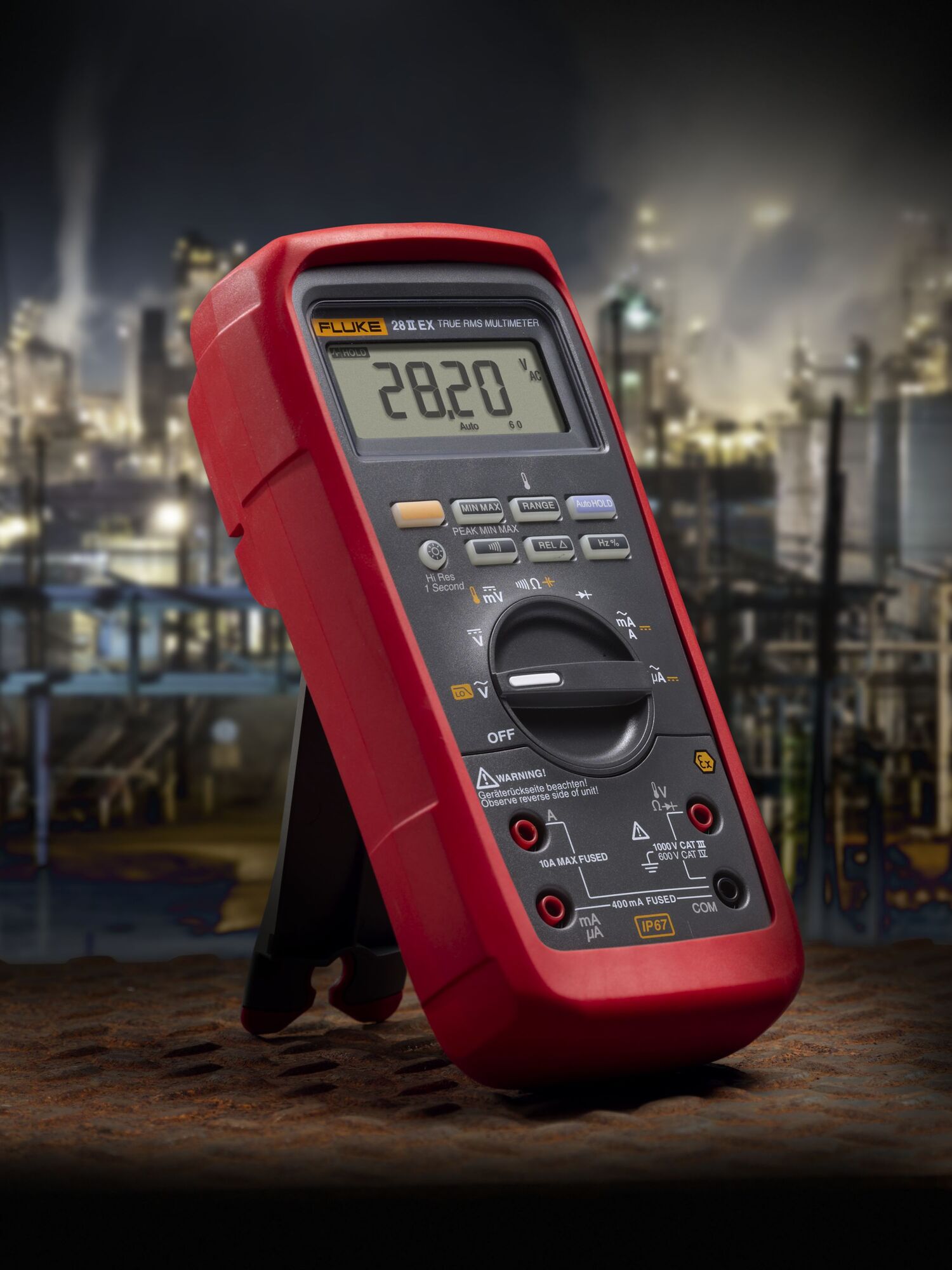 The standard for rugged. The Fluke 28 II digital multimeters define the standard for operating in harsh conditions with the features and accuracy to troubleshoot most electrical problems. Both meters have IP 67 (waterproof and dustproof) rating, MSHA approvals, extended operating temperature range of -15 degrees Celsius to +55 degrees Celsius (5 degrees Fahrenheit to 131 degrees Fahrenheit, -40 degrees Celsius for up to 20 minutes) and 95   humidity, and have been designed and tested to withstand a 3 m (10 ft) drop. The Fluke 20 Series Multimeters are built to work in the toughest environments.