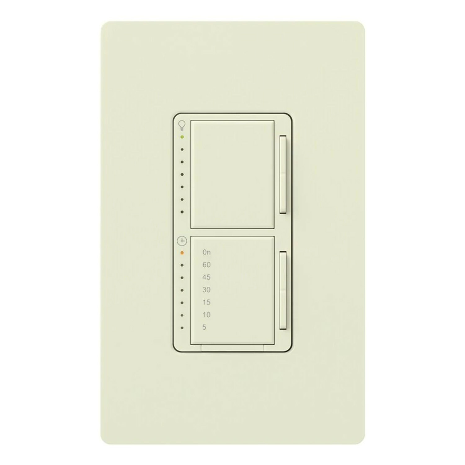 Maestro Dual Incandescent/Halogen Dimmer and Switch, Single-pole, clamshell packaging, wallplate included, White finish, 120V/300W dimmer, 2.5A switch in biscuit