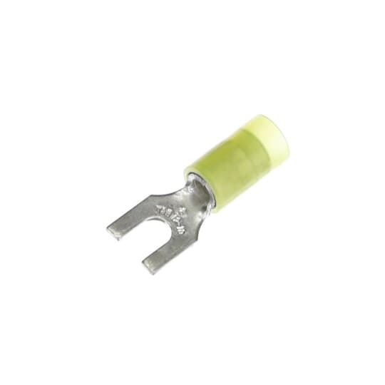 Nylon Insulated Fork Terminal, Length 1.00 Inches, Width .37 Inches, Maximum Insulation .210, Bolt Hole #8, Wire Range #12-#10 AWG, Color Yellow, Copper, Tin Plated