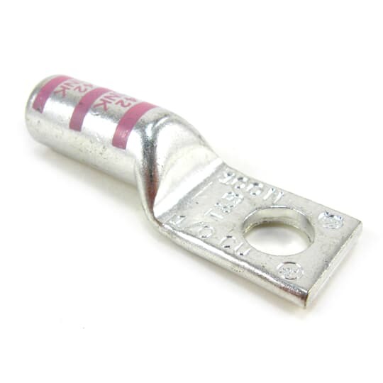 Copper One-Hole Lug, Long Barrel, Peep Hole, Max 35kV, Wire Size 1/0 AWG, 3/8 Inch Bolt Size, Tin Plated, Die Code 42, Die Color Code Pink