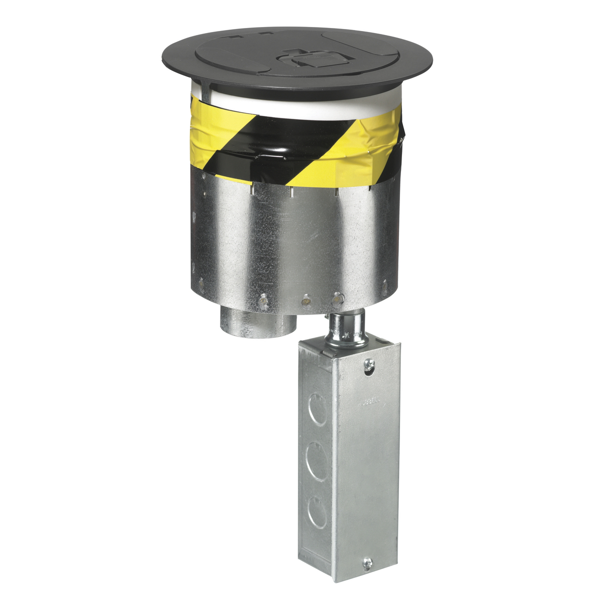 Hubbell Wiring Device Kellems, In-Floor Delivery Systems, Fire RatedPoke Throughs, SystemOne, 6" Series, Sub Plate, 4) 20A 125V Receptacles,1) 4-Unit iStation, 1) Decorator Opening, 2) Keystone Openings, Black