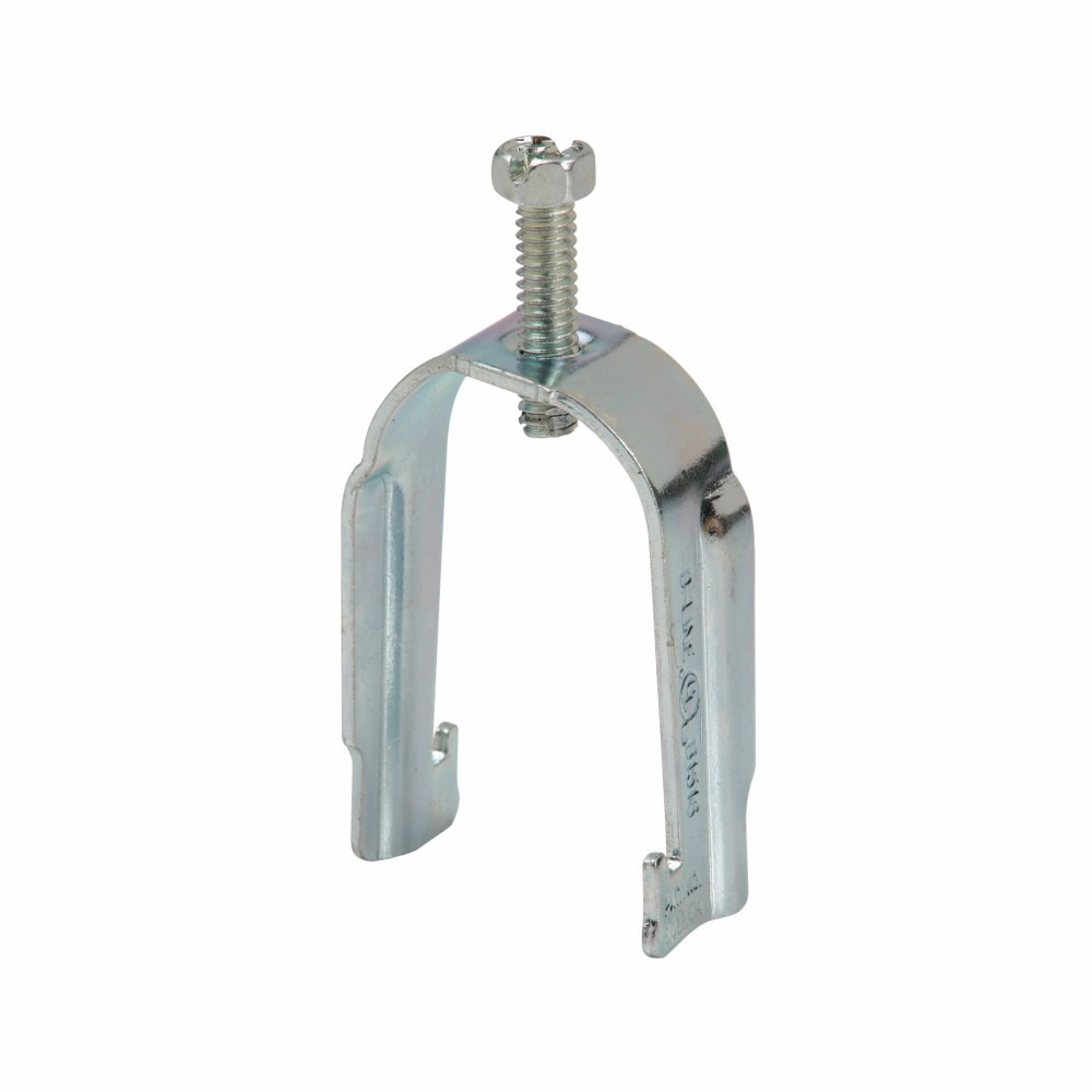 Eaton B-Line series strut mounting bracket, Conduit and cable, 1" Height, 1" Length, 1" Width, 0.086lbs, Conduit size EMT: 0.5", Conduit strut clamps, .25" Min cable diameter, 0.68" Max cable diameter, 200 lbs load capacity, Pre-galvanized