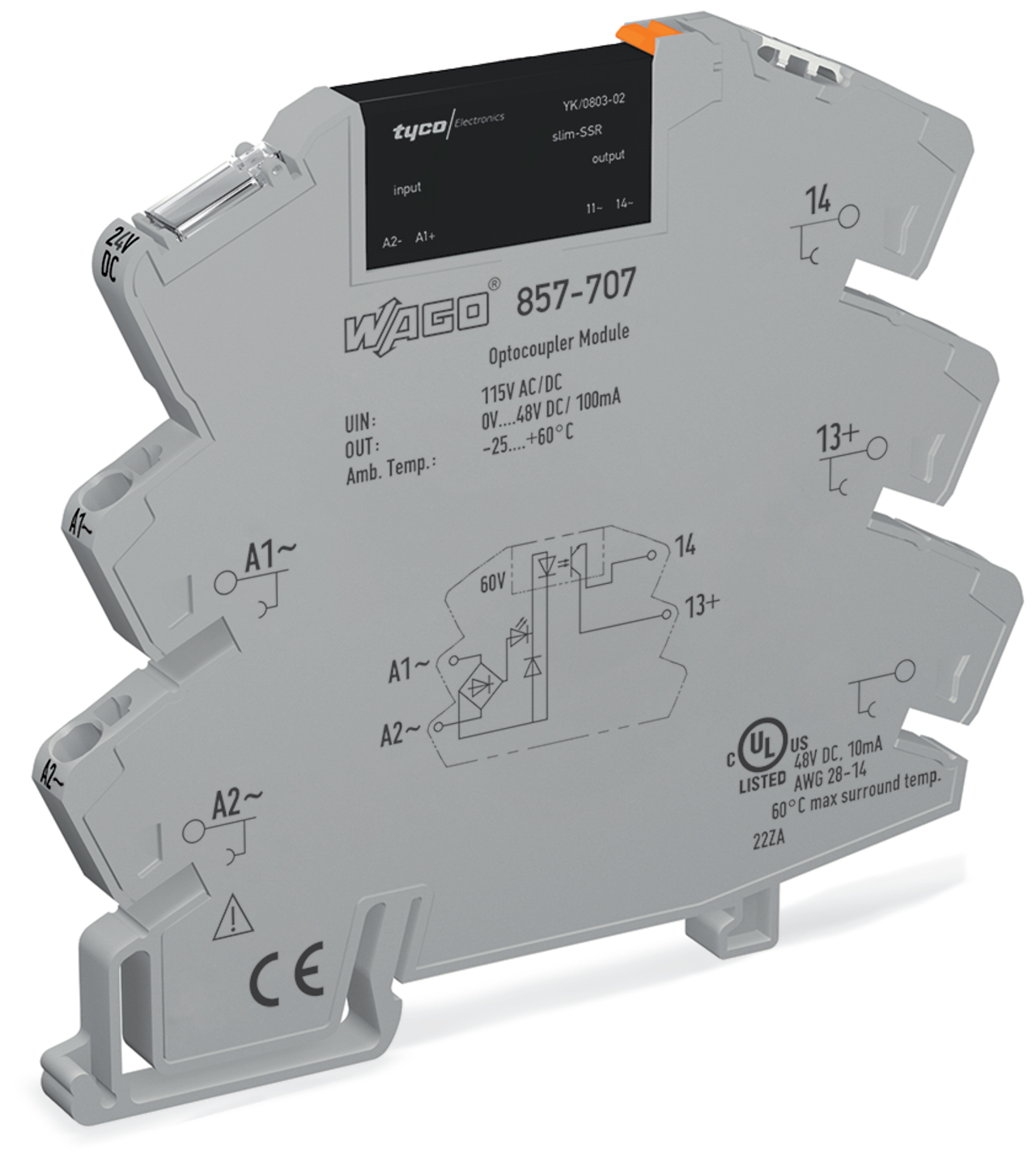 Solid-state relay module; Nominal input voltage: 115 V AC/DC; Output voltage range: 0  48 VDC; Limiting continuous current: 0.1 A; 2-wire connection; Yellow status indicator; Module width: 6 mm; gray