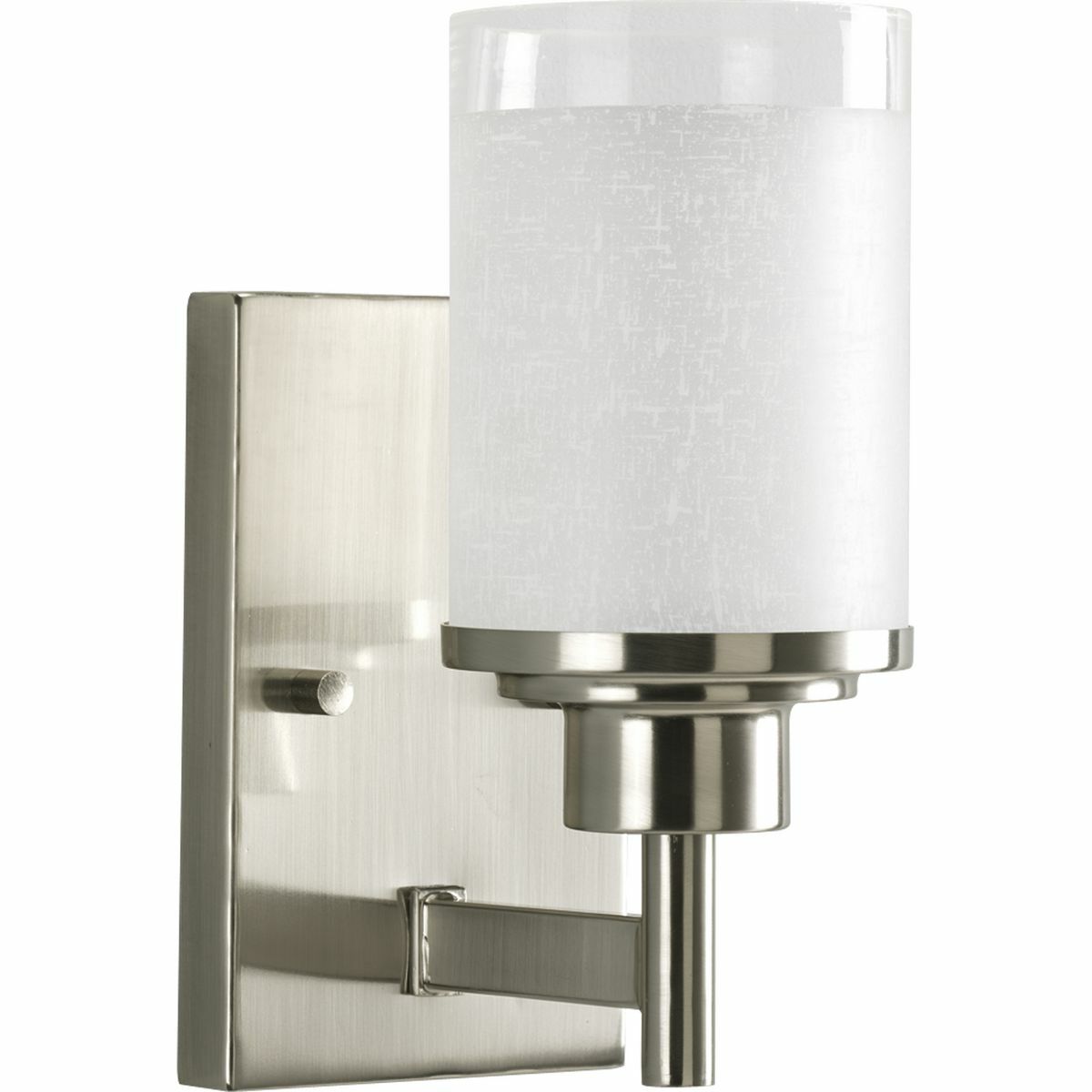 Create the sophisticated feel of modern, urban living in your home with this one-light bath fixture from the Alexa Collection. Visually interesting white linen finished glass with a crisp clear edge accent is complemented by a pleasingly simple Brushed Nickel frame. If you desire a vintage mid-century modern look, the Alexa Collection is just for you.