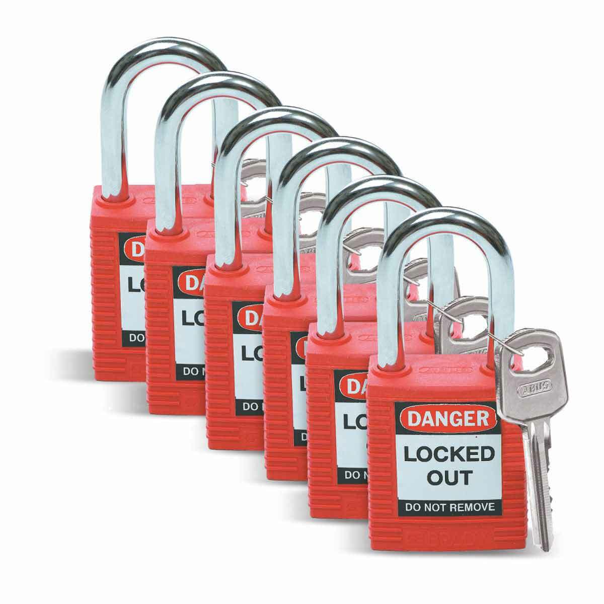 BRADY SAFETY PADLOCK, 1.5 IN KD RED 6/PK