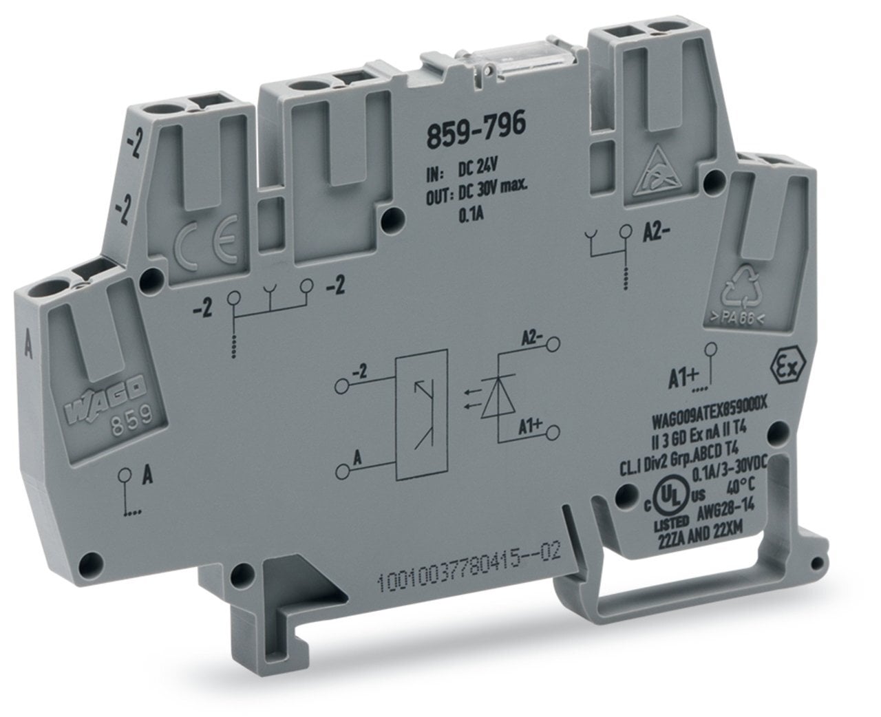 Optocoupler module; Nominal input voltage: 24 VDC; Output voltage range: 3  30 VDC; Limiting continuous current: 0.1 A; 2-wire connection; Railway; Frequency: 10 kHz; Module width: 6 mm; gray