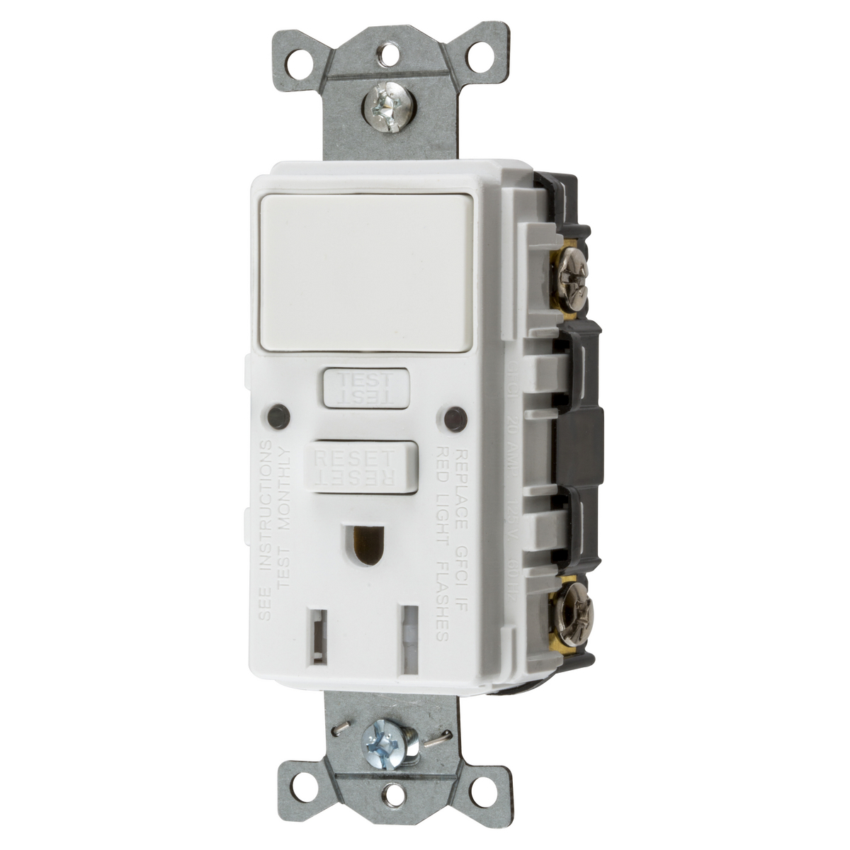 Power Protection Products, Receptacle, Self Test, GFCI and Single Pole Switch, Commercial Grade, 15A 125V, 2- Pole 3-Wire Grounding, 5-15R, White