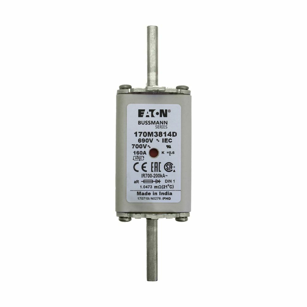 Eaton Bussmann series high speed square body fuse, 700V (UL), 690V (IEC), 160A, 200 kAIC, Combination fuse status indicator, Fuse, Din 43-620 blade end X Din 43-620 blade end, Class aR