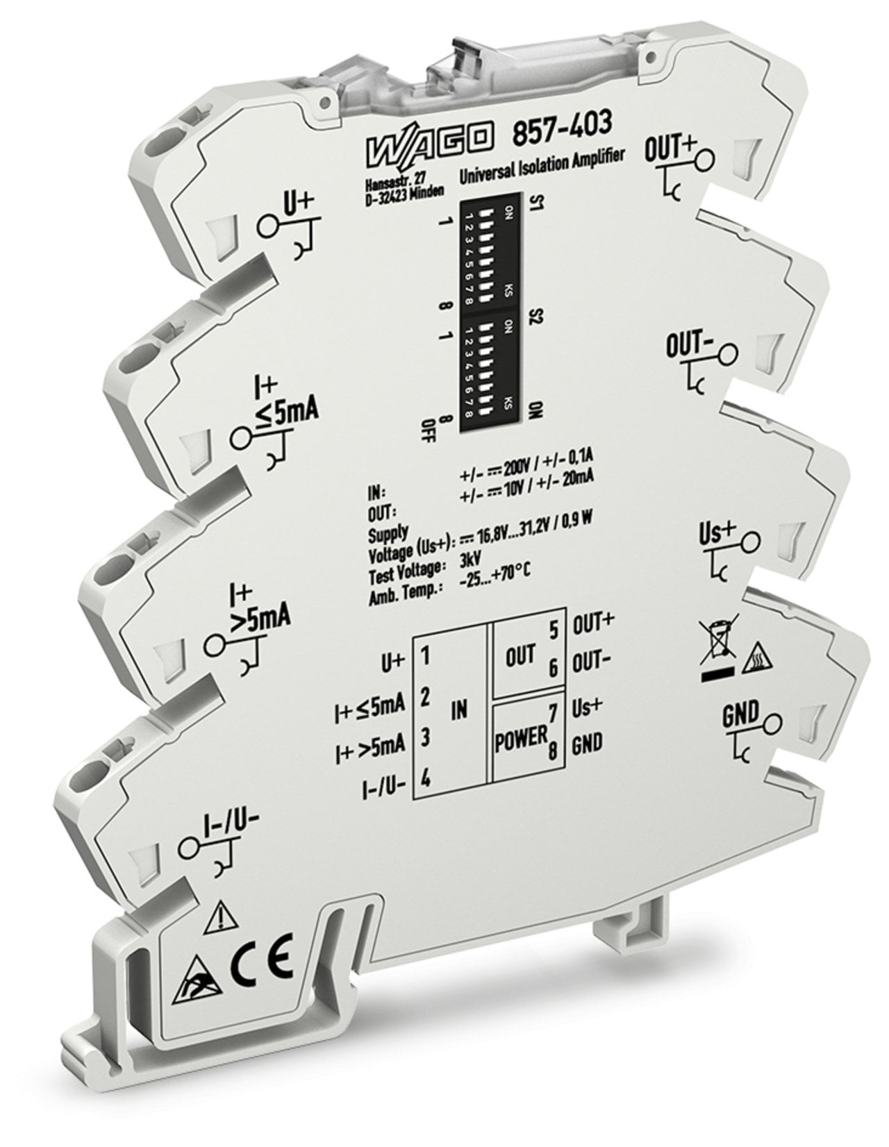 Isolation amplifier; Current and voltage input signal; Bipolar current and voltage output signal; Configuration via DIP switch; Supply voltage: 24 VDC; 6 mm module width; 2,50 mm
