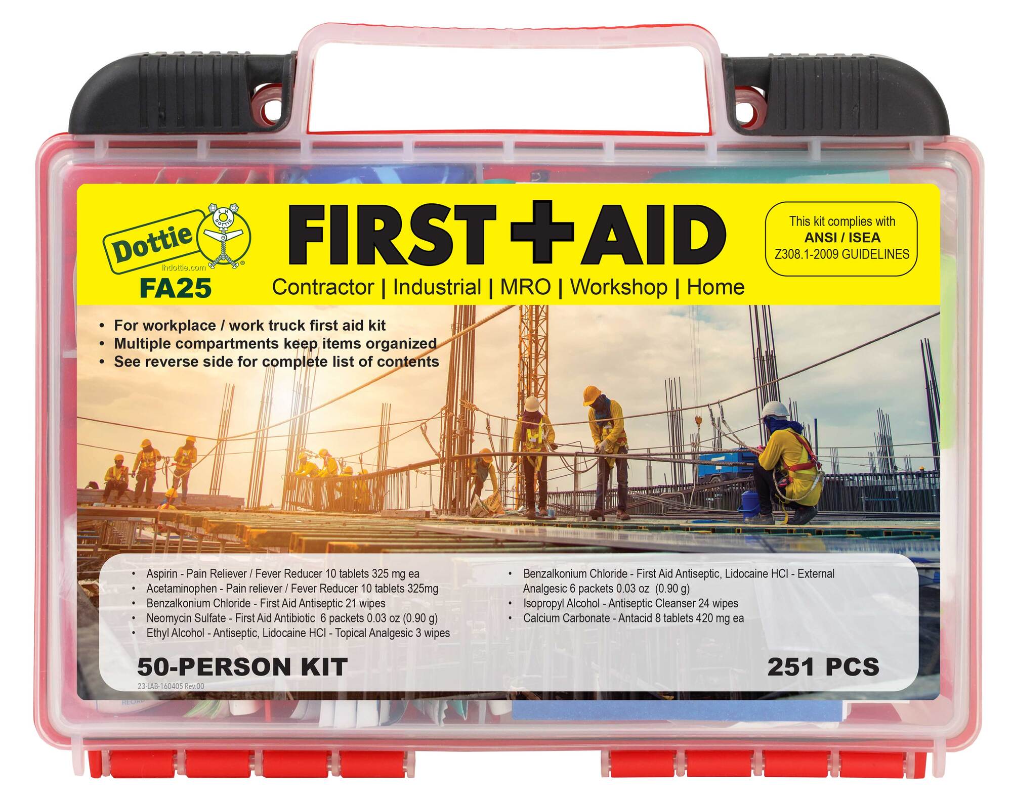 First Aid Kit, (2) SILVEX Wound Gel, (24) Alcohol Wipes, (21) Antiseptic Wipes, (10) Cotton Tip Applicators, (1) First Aid Guide OSHA/ANSI, (5) Wood Splints, (4) Examination Gloves (2 pairs), (10) Safety Pins, (1) Metal Tweezers, (1) Scissors, (6) Antibiotic Ointment, (6) Burn Cream, (3) Sting Relief Prep Pads, (10) Aspirin Tablets, (8) Antacid Tablets, (10) Non-Aspirin Tablets, (2) Instant Cold Pack 5 in x 6 in, (24) Sheer Bandages 3/4 in x 3 in, (30) Sheer Bandages 3/8 in x 1-1/2 in, (20) Sheer Bandages 1 in x 3 in, (5) Fabric Knuckle Bandages, (5) Butterfly Closures, (1) Triangular Bandage 40 in x 40 in x 56 in, (11) Sterile Gauze Pads 4 in x 4 in/4 ply, (10) Sterile Gauze Pads 2 in x 2in/4 ply, (2) Eye Pads 2 in, (1) Sterile Trauma Pad 5 in x 9 in, (1) Gauze Roll 2 in x 4.1 yd, Polypropylene case, 251 total pieces