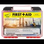 First Aid Kit, (2) SILVEX Wound Gel, (24) Alcohol Wipes, (21) Antiseptic Wipes, (10) Cotton Tip Applicators, (1) First Aid Guide OSHA/ANSI, (5) Wood Splints, (4) Examination Gloves (2 pairs), (10) Safety Pins, (1) Metal Tweezers, (1) Scissors, (6) Antibiotic Ointment, (6) Burn Cream, (3) Sting Relief Prep Pads, (10) Aspirin Tablets, (8) Antacid Tablets, (10) Non-Aspirin Tablets, (2) Instant Cold Pack 5 in x 6 in, (24) Sheer Bandages 3/4 in x 3 in, (30) Sheer Bandages 3/8 in x 1-1/2 in, (20) Sheer Bandages 1 in x 3 in, (5) Fabric Knuckle Bandages, (5) Butterfly Closures, (1) Triangular Bandage 40 in x 40 in x 56 in, (11) Sterile Gauze Pads 4 in x 4 in/4 ply, (10) Sterile Gauze Pads 2 in x 2in/4 ply, (2) Eye Pads 2 in, (1) Sterile Trauma Pad 5 in x 9 in, (1) Gauze Roll 2 in x 4.1 yd, Polypropylene case, 251 total pieces
