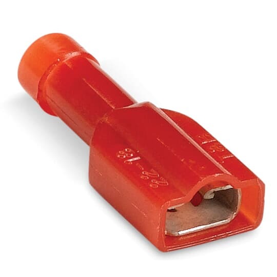Nylon Fully Insulated Female Disconnect, Length 1.01 Inches, Width 0.38 Inch, Maximum Insulation 0.165, Tab Size 0.25x0.032, Wire Range 22-18 AWG, Color Red, Brass, Tin Plated, 50 Pack