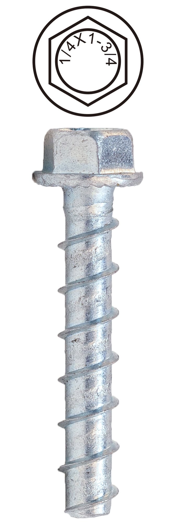 1/4'' x 1-3/4'' Hex Head Concrete Screw Bolt, Case Hardened Low Carbon Steel, Zinc Plated