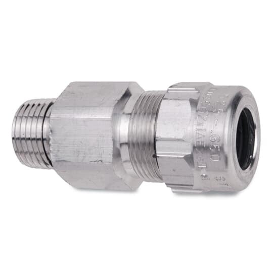 Star Teck  aluminum jacketed cable fitting. Hub size of 3/4 inch. Range over jacket from 0.880 - 1.065 inch