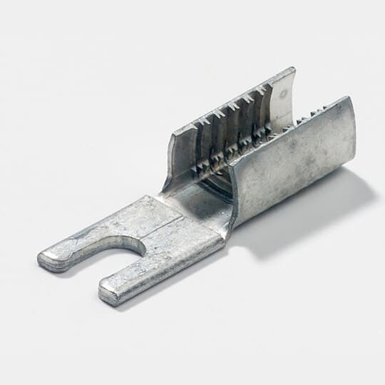 Insulation Piercing Magnet Wire Fork Terminal, Length .91 Inches, Width .30 Inches, Length of Teeth .45 Inches, Width of Teeth .25 Inches, Stud Size 8, Wire Range #16 AWG - #12 AWG 2,580 Circular Mil Area - 12,330 Circular Mil Area, Copper Alloy, Tin Plated