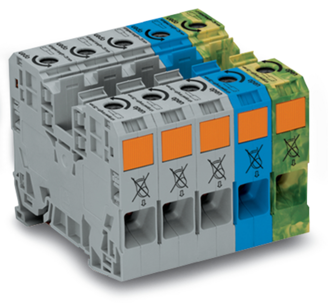 Three phase set; with 35 mm high-current tbs; only for DIN 35 x 15 rail; copper; 35 mm; POWER CAGE CLAMP; 35,00 mm; gray/blue/green-yellow