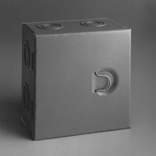Type 1 junction boxes, 10" height, 6" length, 10" width, NEMA 1, Hinged cover, HC enclosure, Surface mounted, Small single door, 5 top-bottom knockouts,5 side knockouts, Thru holes, Carbon steel