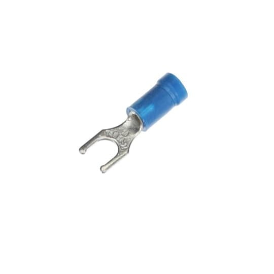 Vinyl Insulated Locking Fork Terminal, Length .97 Inches, Width .29 Inches, Maximum Insulation .170, Bolt Hole #10, Wire Range #18-#14 AWG, Color Blue, Copper, Tin Plated, 1,000 Pack