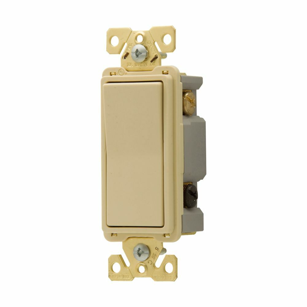 Eaton commercial grade decorator switch, Box, #14-10 AWG, 20A, Flush, 120/277V, Back/push, Antimicrobial paddle, Maintained, Ivory, Motor Control, Fan, LED, Incand, ELV,MLV,CFL, Florscnt, Halogen, Three-way, Thermoplastic 647383