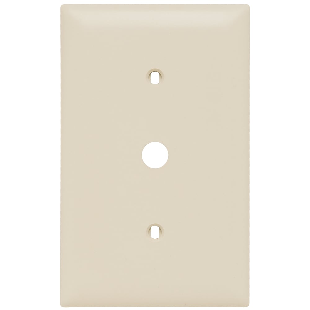 Single gang, Single telephone or cable outlet 13/32 hole. Strap mounted with adjustable yoke. One #340 yoke. Nylon trademaster plate. Light Almond.