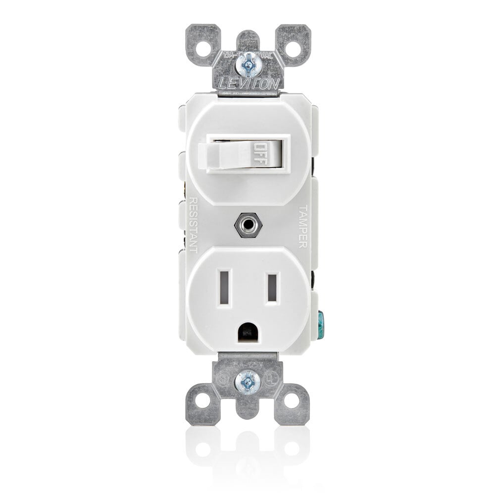 Combination, 15 Amp, 120 Volt AC Toggle Switch, and 15amp, 125 Volt 5-15R Tamper Resistant Receptacle, Grounding, White