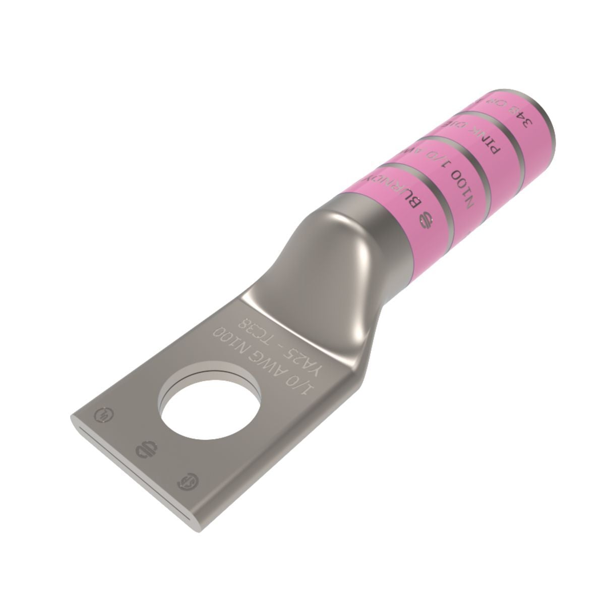 1/0 AWG CU, One Hole, 1/2 Stud Size, Long Barrel, Internal Chamfer, Tin Plated, UL/CSA, 90?C, Up to 35kV,PINK Color Code, 12 or 348 Die Index.
