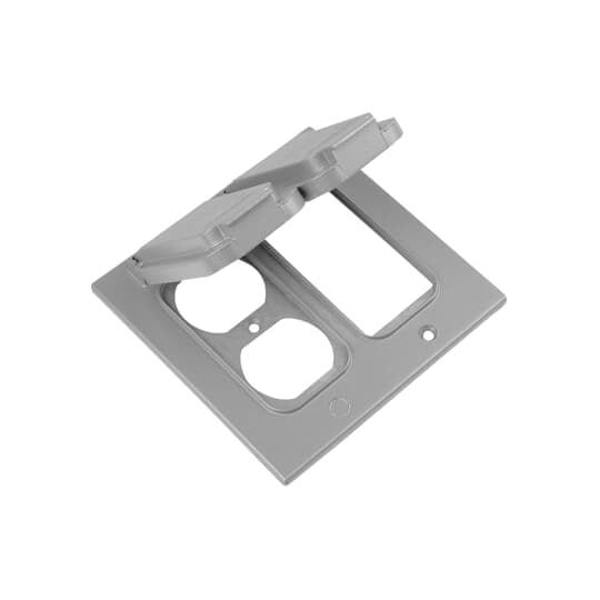 Two Gang Weatherproof Receptacle Cover, Silver, Zinc Alloy, 1 Duplex Receptacle and 1 GFI Receptacle, Device Mount