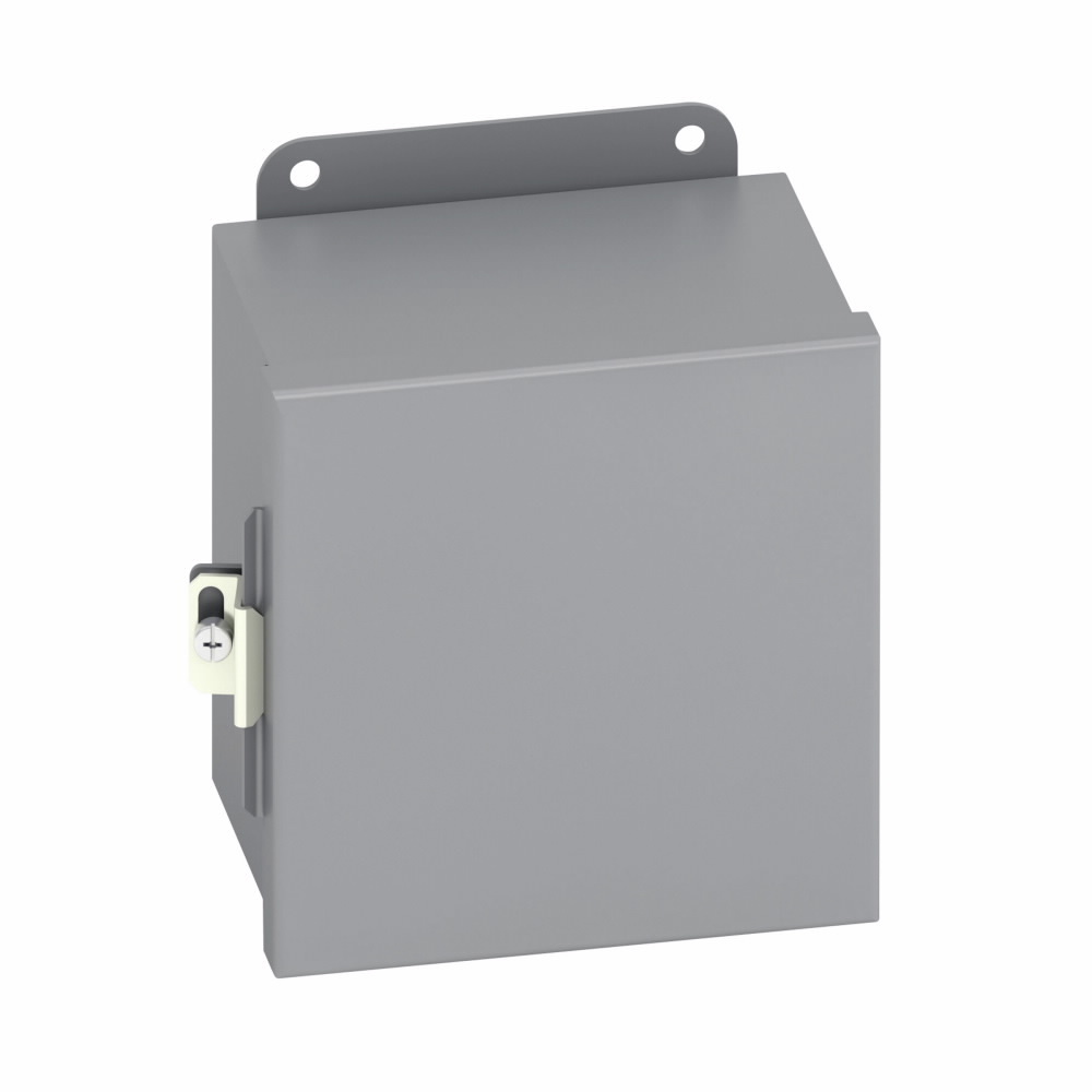Eaton B-Line series JIC panel enclosure, 14" height, 8" length, 12" width, NEMA 12, Hinged cover, 12CHC enclosure, Wall mount, Small single door, External mounting feet, Carbon steel, Seamless poured in-place gasket
