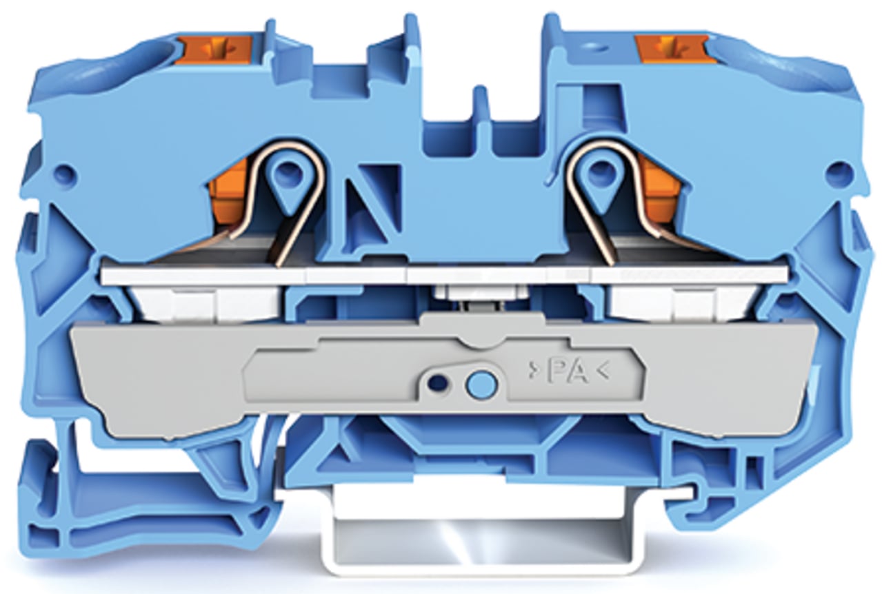 2-conductor through terminal block; with push-button; 10 mm; with test port; suitable for Ex i applications; side and center marking; for DIN-rail 35 x 15 and 35 x 7.5; Push-in CAGE CLAMP; 10,00 mm; blue