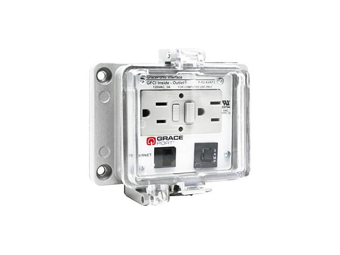 PANEL INTERFACE CONNECTOR WITH RJ45, PANEL MOUNT HOUSING, UL TYPE 12, GFCI DUPLEX INSIDE-OUTLET, 3 AMP CB