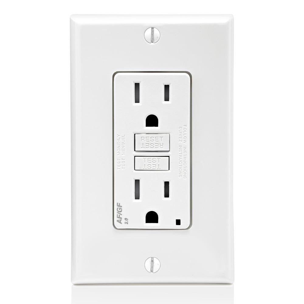 15 Amp, 125 Volt Dual Function AFCI/GFCI Receptacle, 20 Amp Feed-Through, Tamper-Resistant, Monochromatic, back and side wired, nylon wallplate/faceplate, screws and self-grounding clip included  White