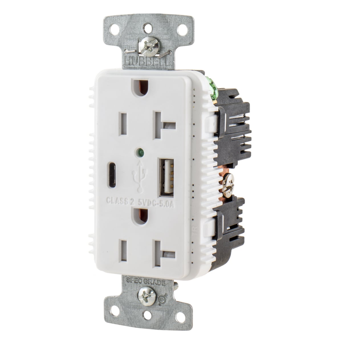 USB Charger Duplex Receptacle, 20A 125V,2-Pole 3-Wire Grounding, 5-20R, 1) 5A "C" USB and "A" Ports, White