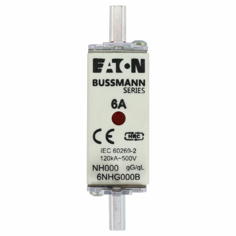 Eaton Bussmann series low voltage NH Fuse, Live gripping lug, 500V, 6A, 120 kAIC, Combination fuse status indicator, fuse, Blade end connection, Class C gL/gG, Square-body with knife blade contact, Ceramic body