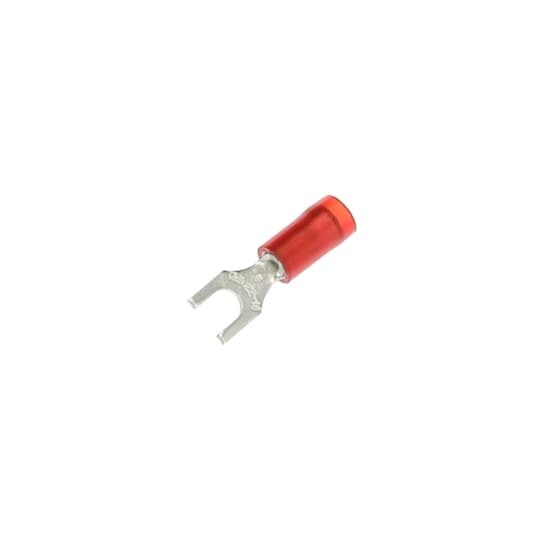 Nylon Insulated Fork Terminal, Length .83 Inches, Width .25 Inches, Maximum Insulation .136, Bolt Hole #6, Wire Range #22-#16 AWG, Color Red, Copper, Tin Plated, 1,000 Pack