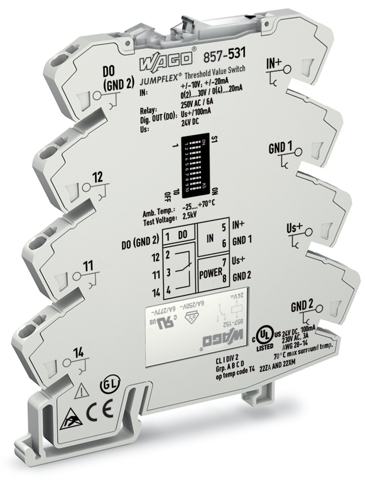 Threshold value switches; Analog values; 1 changeover contact; Digital output; Configuration via software; Supply voltage: 24 VDC; 6 mm module width; 2,50 mm