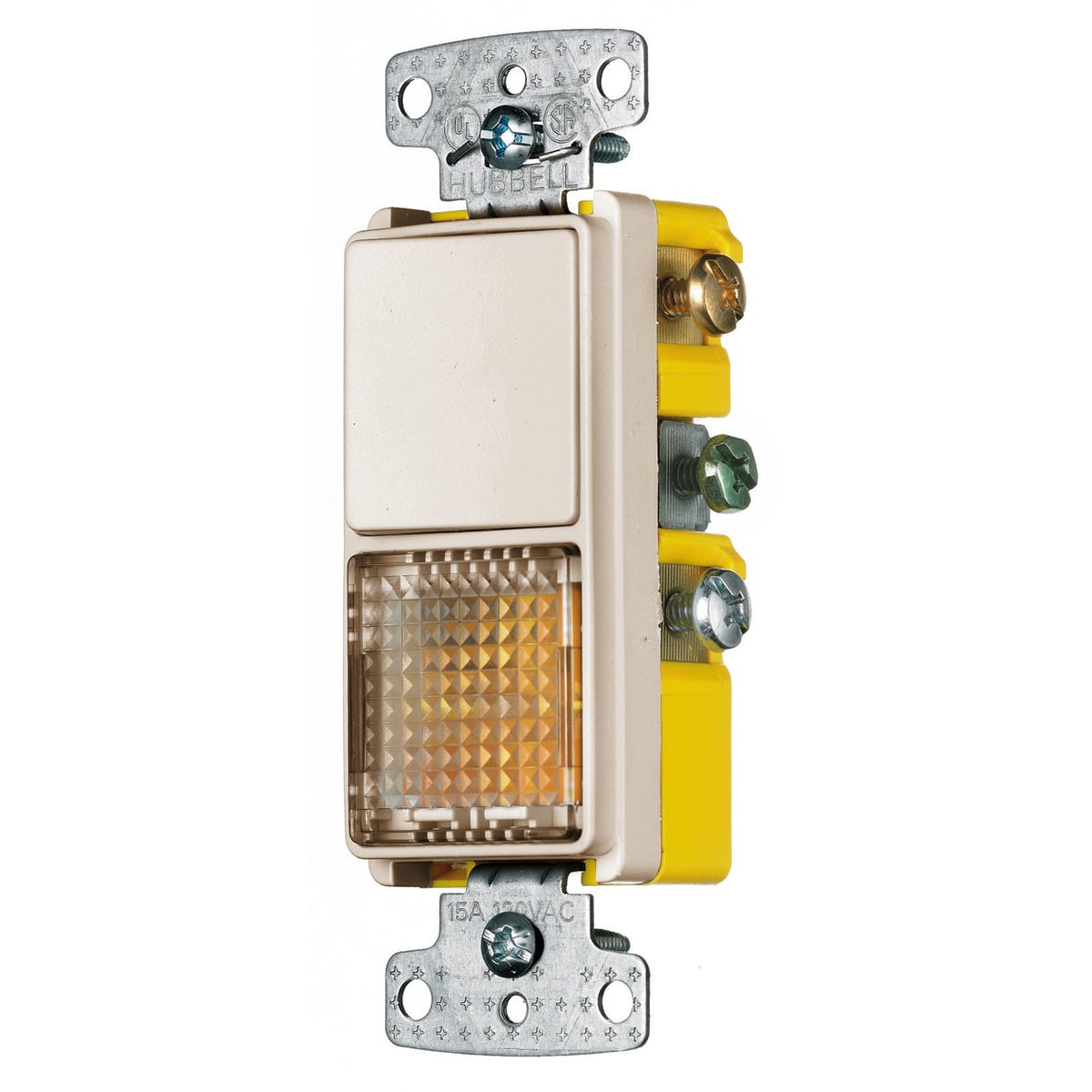 Switches and Lighting Controls, Combination Devices, Residential Grade, Decorator Series, 1) Single Pole Rocker, 1) Pilot Light, 15A 120V AC, Side Wired, Light Almond