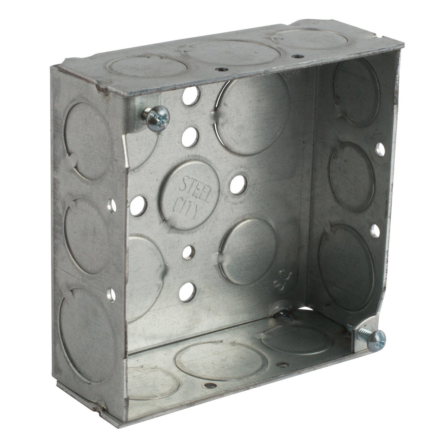 Square Box, 21 Cubic Inches, 4 Inch Square x 1-1/2 Inches Deep, 1/2 Inch3/4 Inch Knockouts, Galvanized Steel, Welded Construction,, Mounted with Clip-On 2-BC Bar Hanger, Hanger is Offset Correct Depth to Set Box Flush with Ceiling Joist