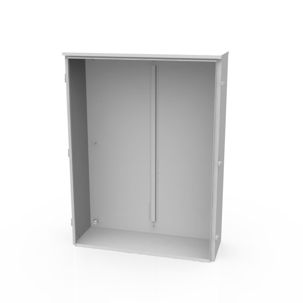 48x12x36 Hinge Cover Type 3R UL Listed Steel No Knockouts ANSI 61 Gray Back Panel Weld Studs Drip Shield Emboss Mounting Holes in Back Padlocking Draw Latch Quad D Knockout for Lock