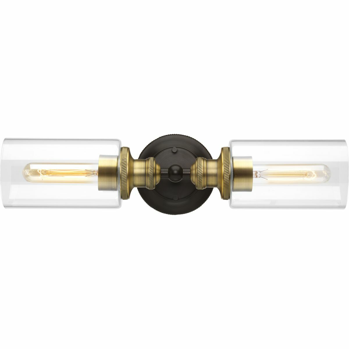 This two-light bath & vanity fixture offer a vintage electric feel. Clear glass shades featured on either side of the back plate. Two-toned finish in antique bronze with natural brass accents. Can be mounted horizontally or vertically.