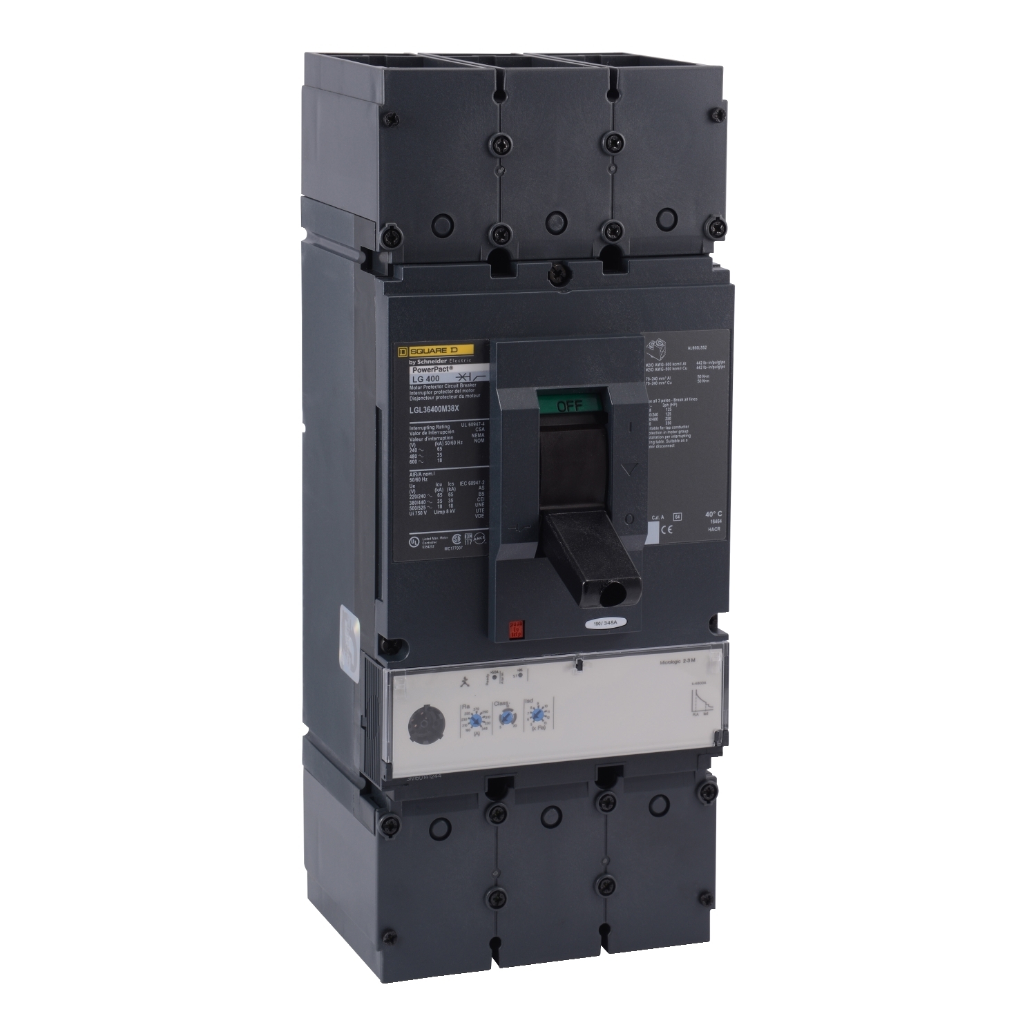Motor circuit protector, PowerPacT L, 400A, 3 pole, 600VAC, 18kA, lugs, MicroLogic 2.3M, 80%