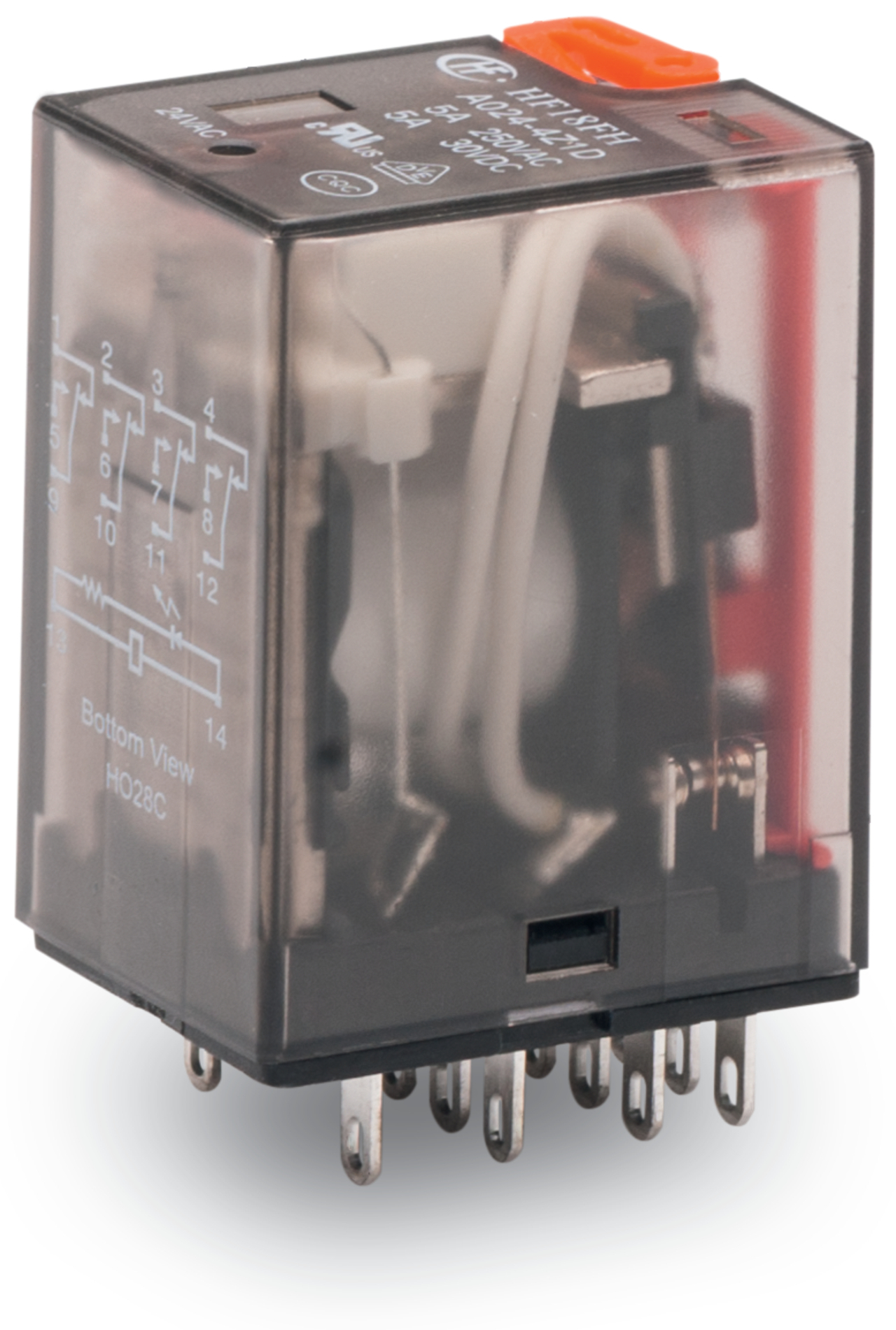 Basic relay; Nominal input voltage: 24 VAC; 4 changeover contacts; Limiting continuous current: 5 A; with manual operation; Module width: 22 mm; Module height: 25 mm