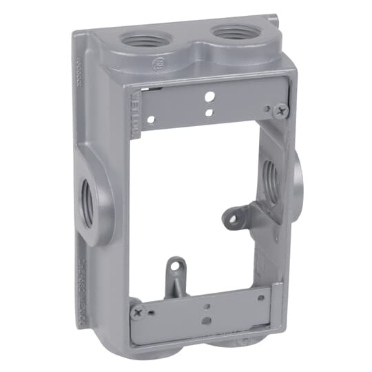 Single Gang Flanged Extension Adapter, 1-7/8 Inches Deep, Hub Size 1/2 Inch, 6 Outlets, 2 on Top and Bottom, 1 on Each Side, with 4 Plug, Gasket, and Screws