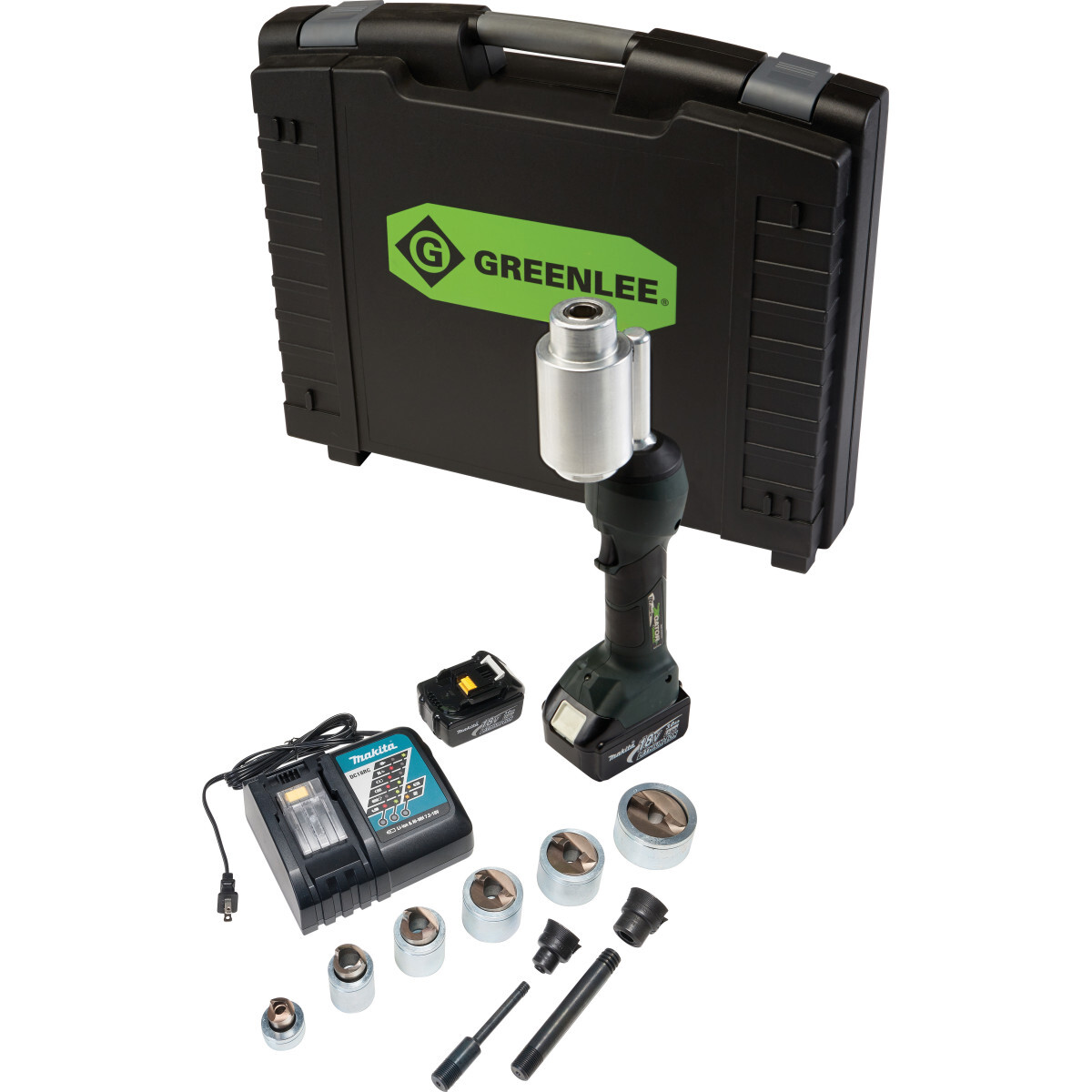 Intelli-PUNCH LS100X 11 Ton Tool with Slug Splitter Speedpunch Knockouts 1/2" - 2", Batteries, Charger & Case.  Patented Pressure-Sensing and Auto-Retract Technologies - Intelli-PUNCH accurately detects punch completion and automatically retracts the ram, preventing damage to punch parts.  360 Rotating Head - Rugged, patent-pending swivel design to punch at any angle.  Time Saver- Punch faster, with a maximum cycle time of 8 seconds.  Compact, Ergonomic Design - Provides easy one-handed operation and an ergonomic tapered grip.  Compatible - Works with all Greenlee Knockouts and other brands designed for use with a hydraulic tool.  Gator Eye Compatible - With iPress software, monitor tool performance - peak force, number of cycles, etc.