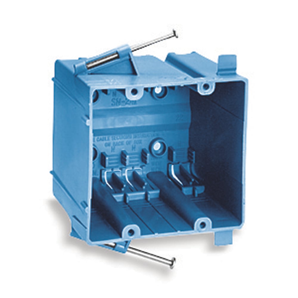 Two-Gang Nail-On New Work Outlet Box, Volume 36 Cubic Inches, Length 4 Inches, Width 3-5/8 Inches, Depth 3-1/8 Inches, Color Blue, Material PVC, Mounting Means Compound Angled Nails, with 3/8 Inch Offset Wallboard Tabs Molded Fast Clamp