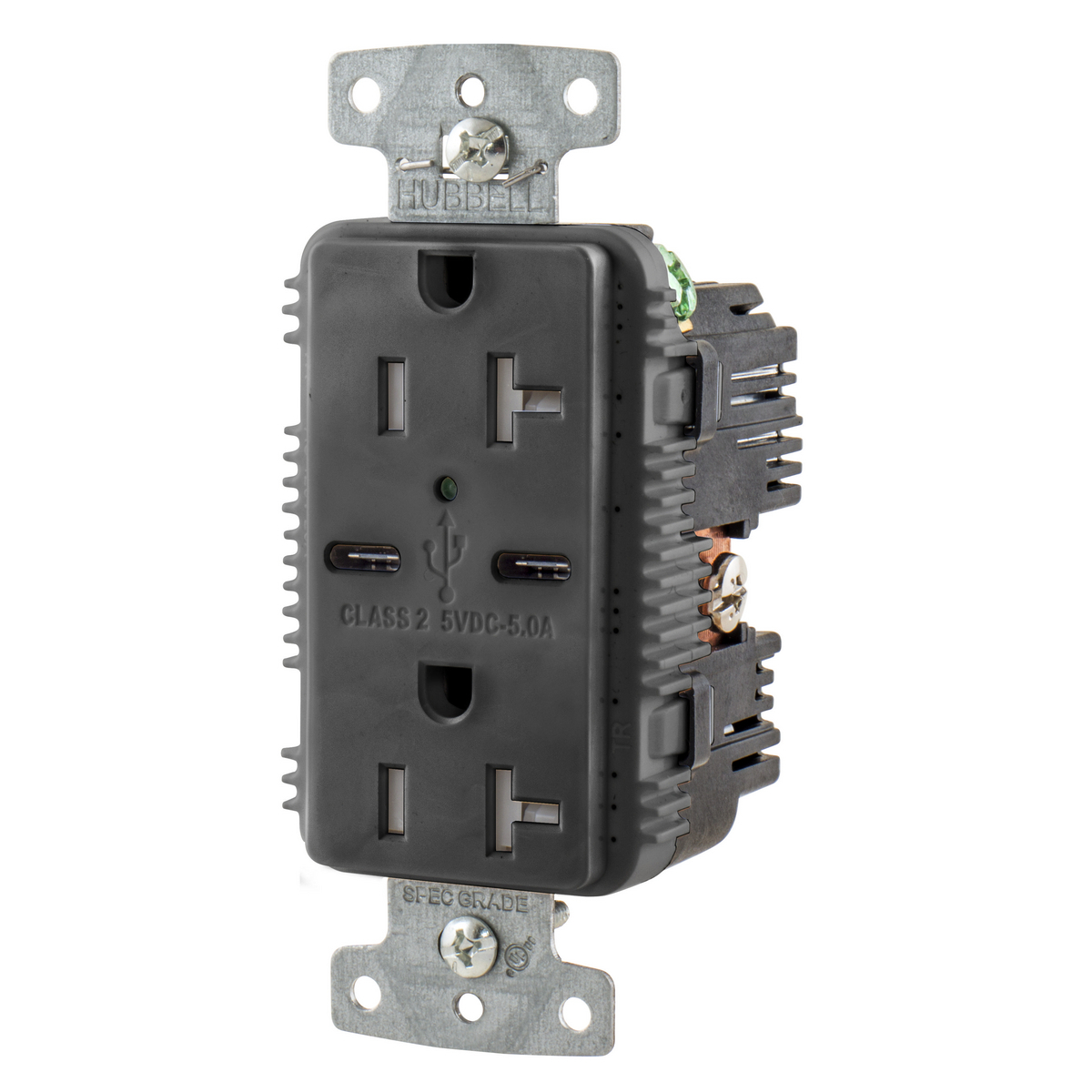 USB Charger Duplex Receptacle, 20A 125V,2-Pole 3-Wire Grounding, 5-20R, 2) 5A "C" USB Ports, Black