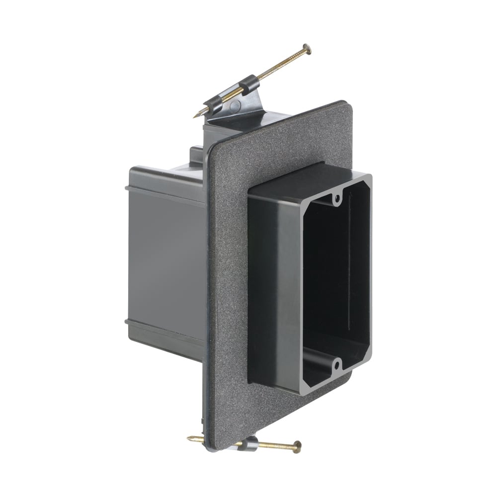 Versatile non conductive outlet box for new construction, single gang nail on for double drywall. 28 cu inches.