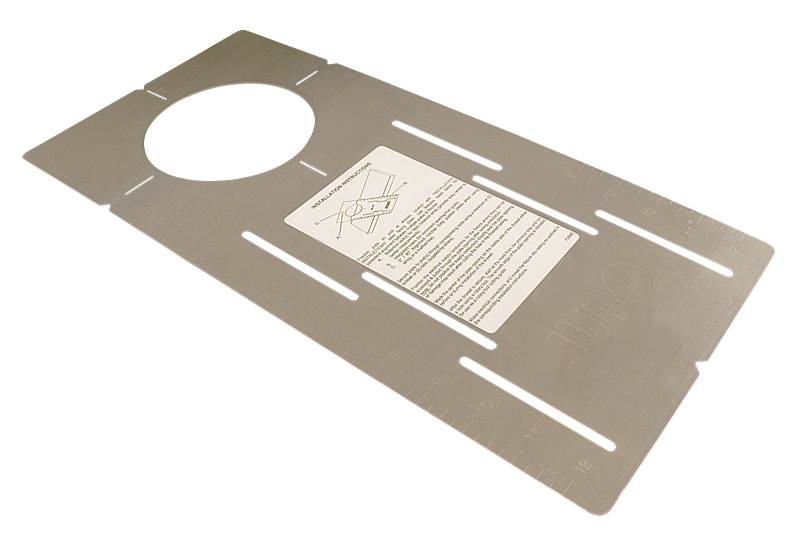 The 4-inch housing locator offers a galvanized steel plate for locating remodel style housings in new constructions. The locator features alignment notches, tape measure retention slots, and integrated measurement scale for consistent placement. Screw and nail holes enable full coverage between 16- and 24-inch joists.